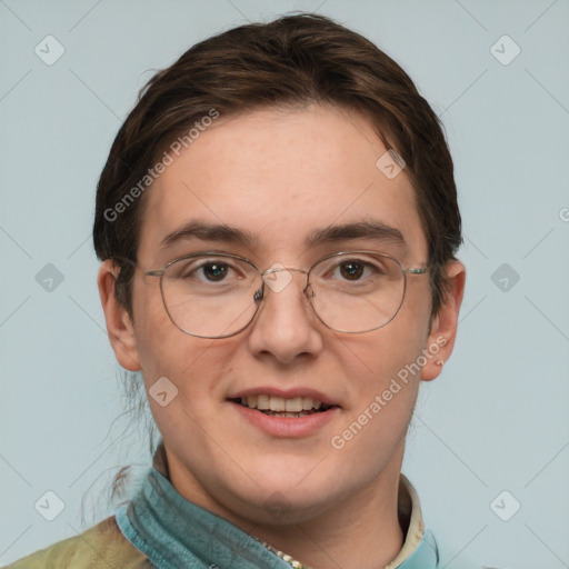 Joyful white adult female with short  brown hair and grey eyes