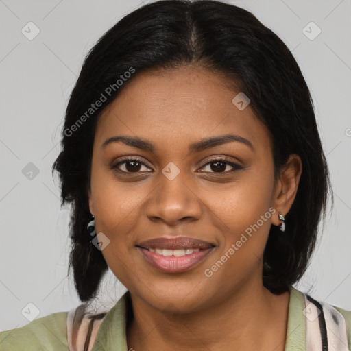 Joyful black young-adult female with medium  black hair and brown eyes