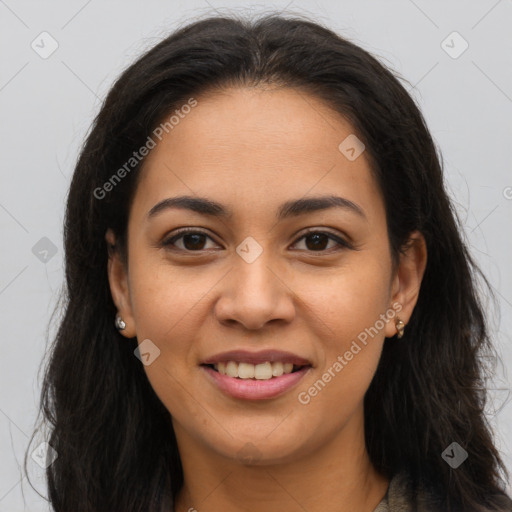 Joyful latino young-adult female with long  brown hair and brown eyes