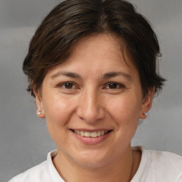 Joyful white adult female with medium  brown hair and brown eyes