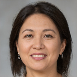 Joyful white adult female with medium  brown hair and brown eyes