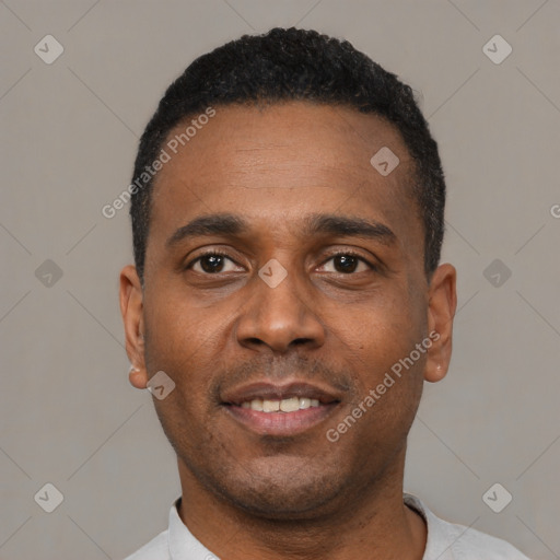 Neutral black young-adult male with short  black hair and brown eyes