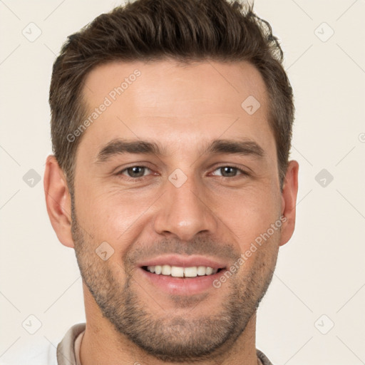 Joyful white young-adult male with short  brown hair and brown eyes