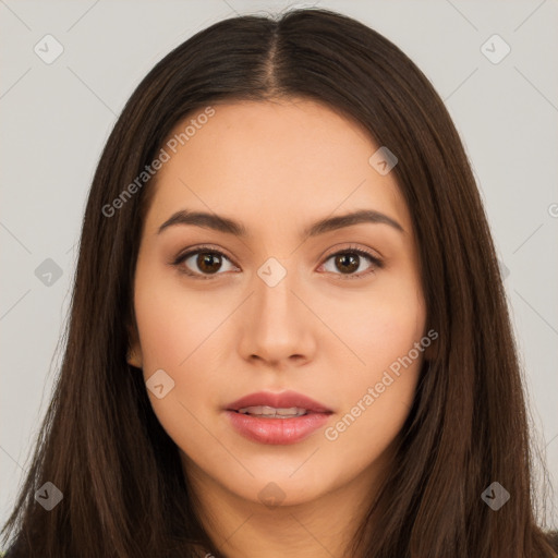 Neutral white young-adult female with long  brown hair and brown eyes