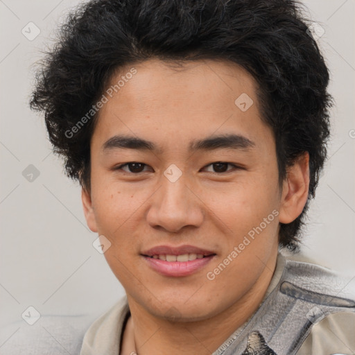 Joyful latino young-adult male with short  brown hair and brown eyes