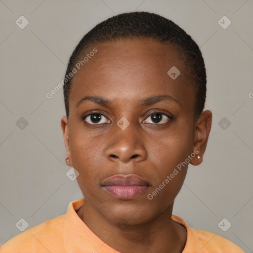 Neutral black young-adult female with short  black hair and brown eyes