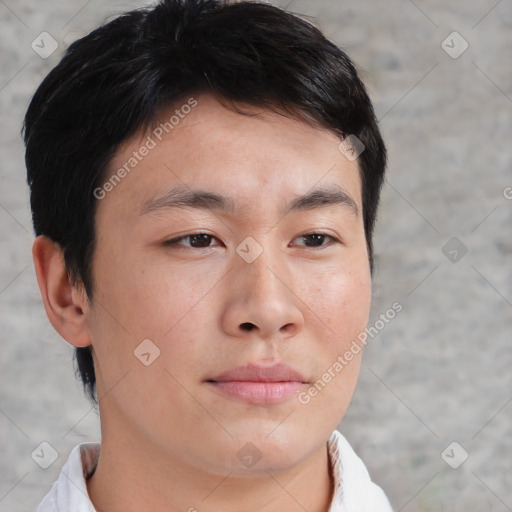 Neutral asian young-adult male with short  brown hair and brown eyes