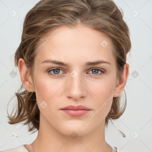 Neutral white young-adult female with medium  brown hair and grey eyes