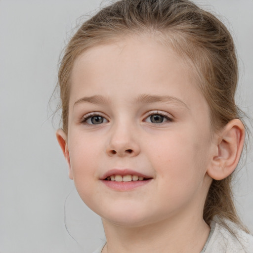 Joyful white child female with medium  brown hair and blue eyes