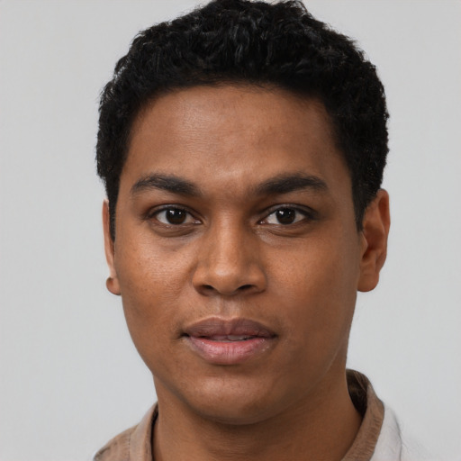 Neutral black young-adult male with short  black hair and brown eyes