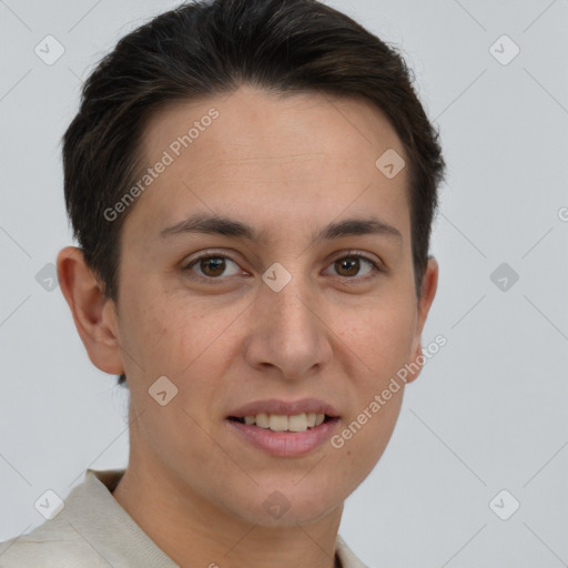 Joyful white young-adult female with short  brown hair and brown eyes