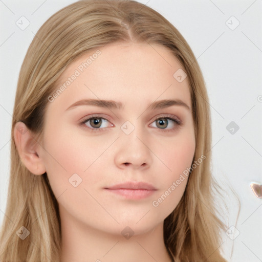 Neutral white young-adult female with long  brown hair and grey eyes