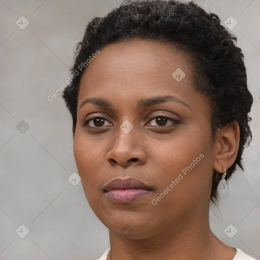 Neutral black young-adult female with short  black hair and brown eyes