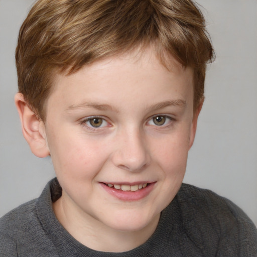 Joyful white child female with short  brown hair and grey eyes