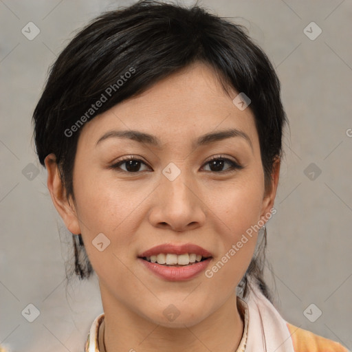 Joyful white young-adult female with medium  brown hair and brown eyes