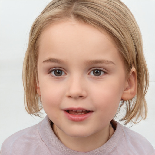 Joyful white child female with medium  brown hair and blue eyes