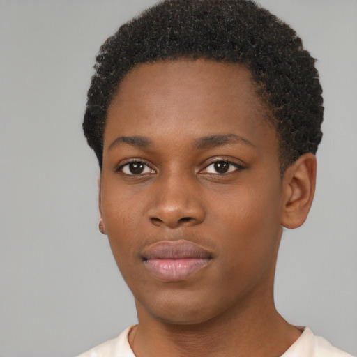 Neutral black young-adult female with short  black hair and brown eyes