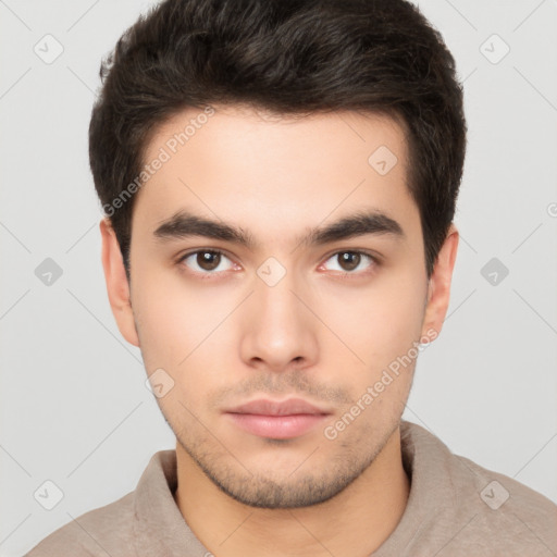 Neutral white young-adult male with short  brown hair and brown eyes