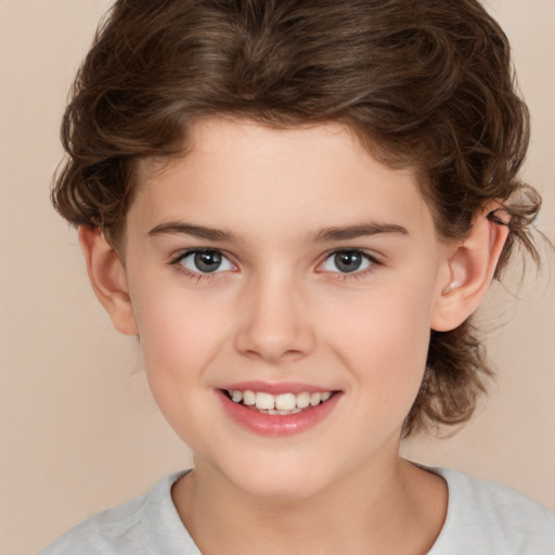 Joyful white child female with medium  brown hair and brown eyes