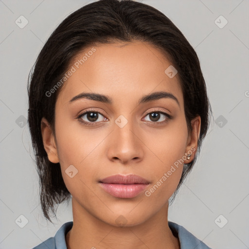 Neutral white young-adult female with medium  brown hair and brown eyes