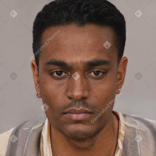Neutral latino young-adult male with short  black hair and brown eyes