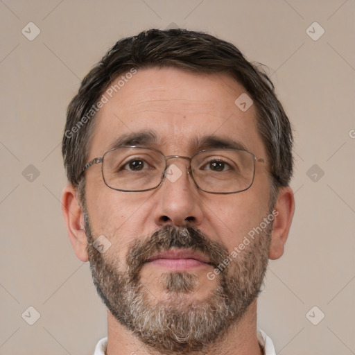 Neutral white adult male with short  brown hair and brown eyes