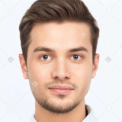 Neutral white young-adult male with short  brown hair and brown eyes