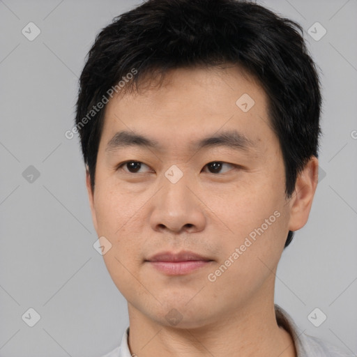 Neutral asian young-adult male with short  black hair and brown eyes