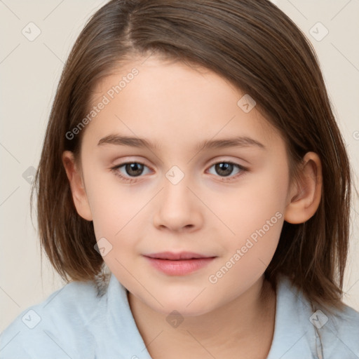 Joyful white child female with medium  brown hair and brown eyes