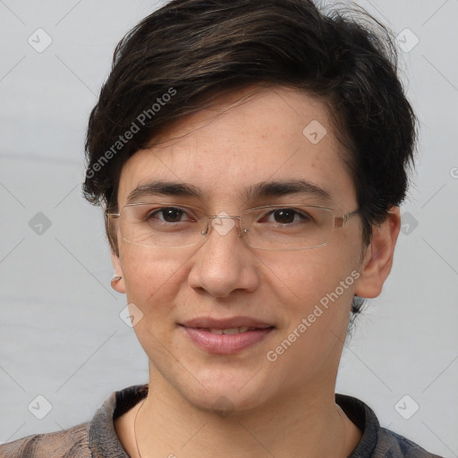 Joyful white adult female with short  brown hair and brown eyes