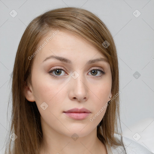 Neutral white young-adult female with medium  brown hair and brown eyes