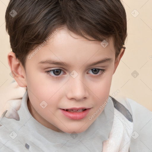 Joyful white child female with short  brown hair and brown eyes