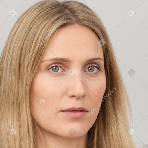 Neutral white young-adult female with long  brown hair and brown eyes