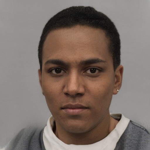 Neutral white young-adult male with short  black hair and brown eyes