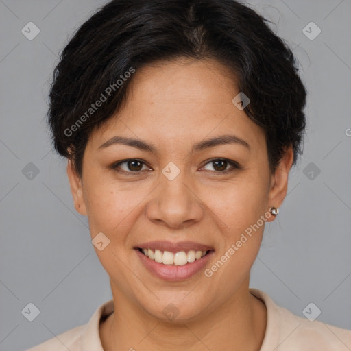 Joyful asian adult female with short  brown hair and brown eyes