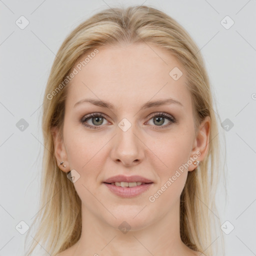 Joyful white young-adult female with medium  brown hair and blue eyes