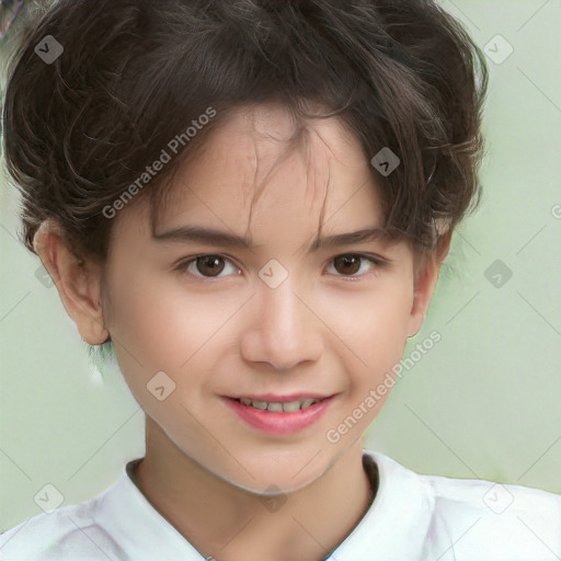 Joyful white child female with short  brown hair and brown eyes