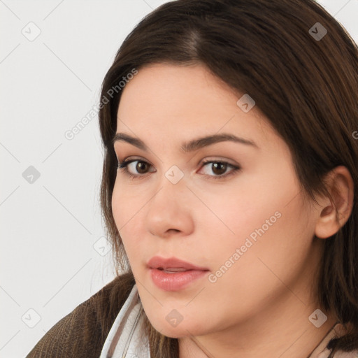 Neutral white young-adult female with medium  brown hair and brown eyes