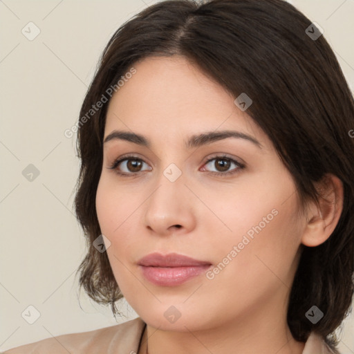 Neutral white young-adult female with medium  brown hair and brown eyes