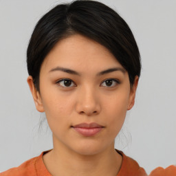 Neutral asian young-adult female with medium  brown hair and brown eyes