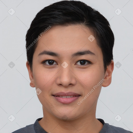 Joyful asian young-adult female with short  brown hair and brown eyes