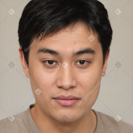 Neutral asian young-adult male with short  brown hair and brown eyes