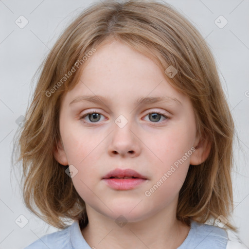 Neutral white child female with medium  brown hair and blue eyes