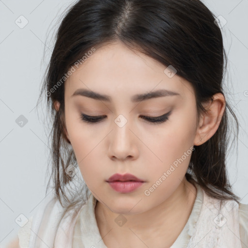 Neutral asian young-adult female with medium  brown hair and brown eyes