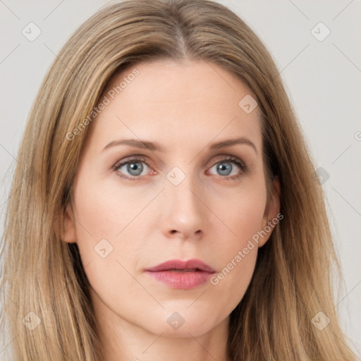 Neutral white young-adult female with long  brown hair and grey eyes