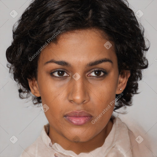 Neutral black young-adult female with medium  brown hair and brown eyes