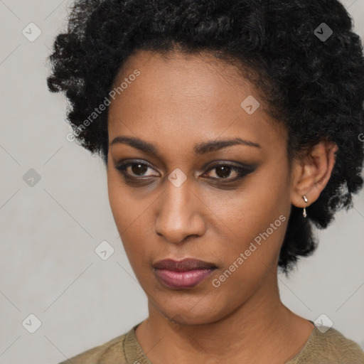 Neutral black young-adult female with short  black hair and brown eyes