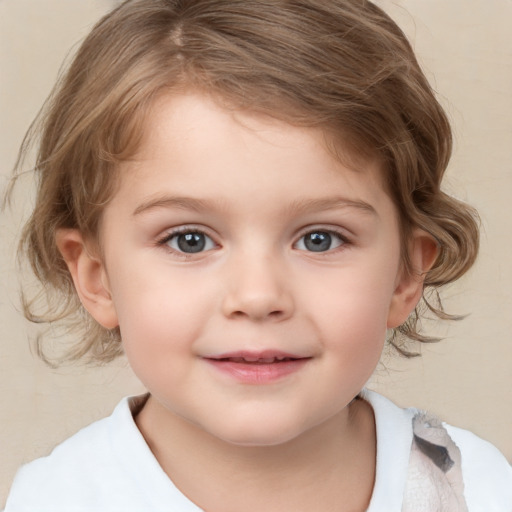 Joyful white child female with medium  brown hair and grey eyes