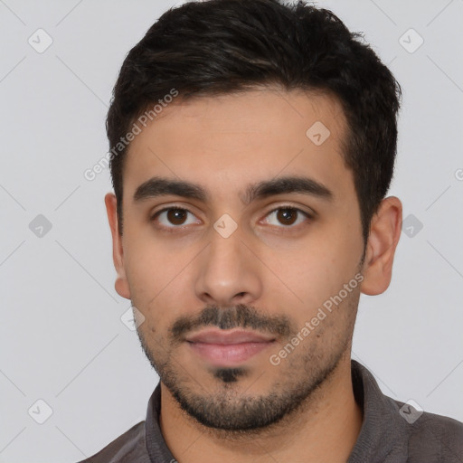 Neutral latino young-adult male with short  black hair and brown eyes