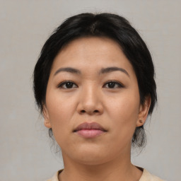 Neutral asian young-adult female with medium  black hair and brown eyes